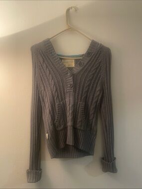 Aeropostale Vintage Gray Cable-Knit V-Neck Button Hoodie Sweater